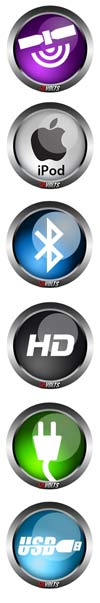 Icons for head units features - bluetooth, ipod, hd, gps, plug and play, usb support