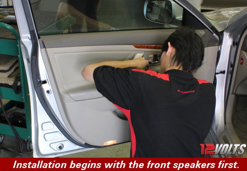 Camry Audio System Installation- Installation begins with the front speakers first.