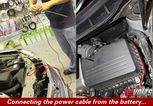 Camry Audio System Installation- Connecting the power cable from the battery.