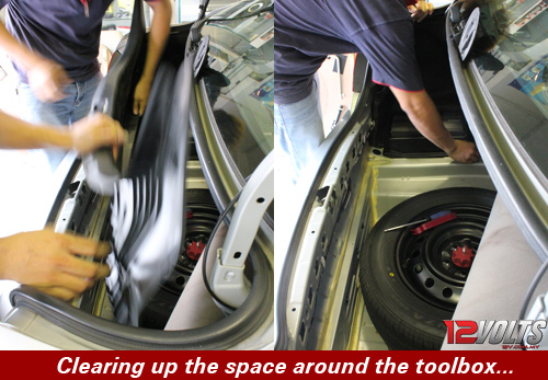 Camry Audio System Installation- Clearing up the space around the toolbox.