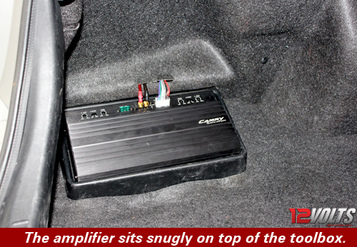 Camry Audio System Installation- The built-for Toyota CAMRY amplifier sits snugly on top of the toolbox.