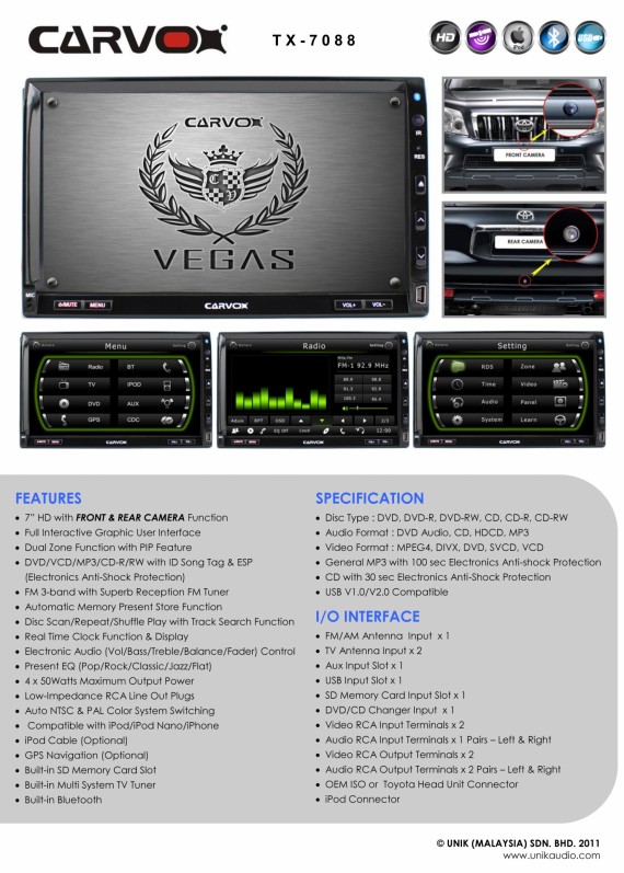 Carvox Vegas TX-7088 7 inch HD Double-Din DVD Player (GPS Upgradeable)