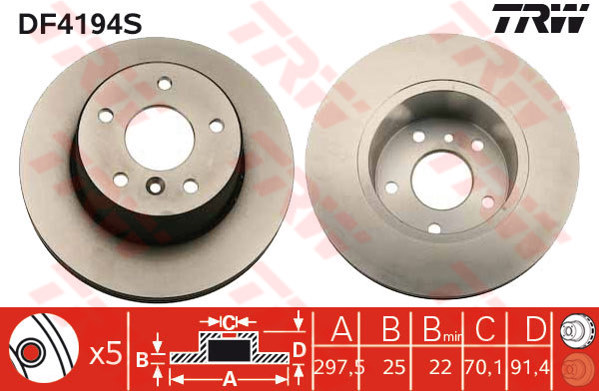 DF4194S - TRW Brake Disc Rotor for LANDROVER DISCOVER II (5 HOLE) (F)