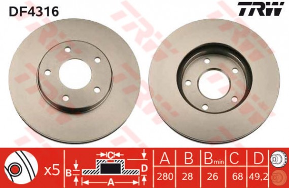 DF4316 - TRW Brake Disc Rotor for NISSAN X-TRAIL T30 2.0, 2.5, CEFIRO A33 (F)