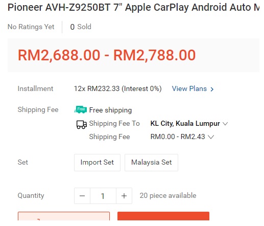 Notice the price range and the option of Import Set and Malaysia Set